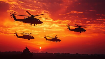 A squadron of attack helicopters soaring through a fiery orange sky at sunset, with tanks advancing below.