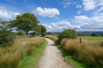 Obraz premium Countryside Path: Serene Landscape with Lush Grass and Blue Sky