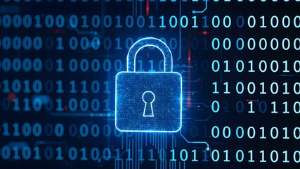 Secure Digital Fortress: A glowing padlock overlayed on a grid of binary code, representing digital security, data protection, and the safeguarding of information in the digital age.