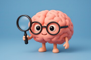 Cute Cartoon Brain Character with Magnifying Glass on Blue Background