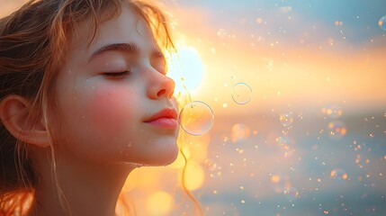 Fototapeta premium Silhouette of a child blowing glowing bubbles against a dreamy sky