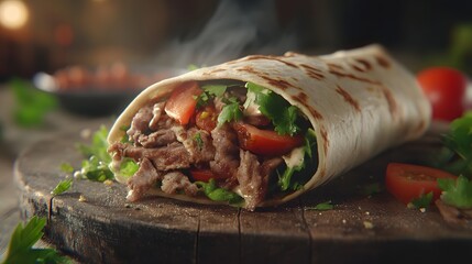 A close-up of a grilled beef and vegetable wrap with fresh herbs on a rustic wooden board.
