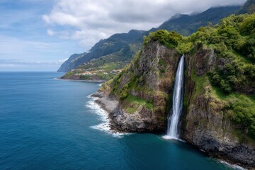 Oceanside Waterfall: Lush Cliffs, Dramatic Cascade, Serene Coastal View