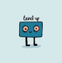 Level up, you win, robot, Video game graphics, gaming illustrations, 2d vector set, retro tech, blue, pink, black, fun and funny style, cute for kids, minimalist vintage quirky whimsical theme