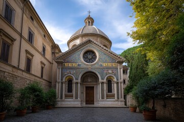 Obraz premium Ornate Italian Chapel: Blue Mosaic Facade, Tranquil Courtyard