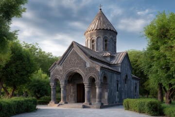 Naklejka premium Stone Church: Serene Armenian Architecture in Lush Landscape