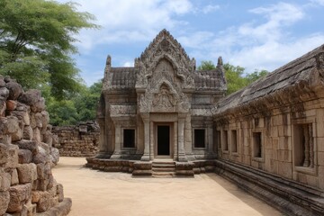 Ancient Stone Temple: Serene Courtyard, Intricate Carvings, and Tranquil Atmosphere