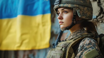 A strong young female soldier in protective gear, helmet on, looking away while standing tall against the Ukrainian flag.