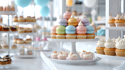 Fototapeta premium Delightful bakery display featuring colorful macarons and cupcakes, creating cheerful atmosphere filled with sweet treats