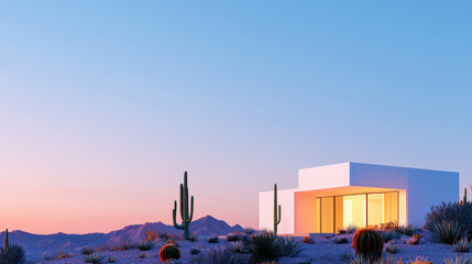 Modern building stands in desert landscape, surrounded by cacti and mountains under colorful sky. serene atmosphere evokes tranquility and beauty