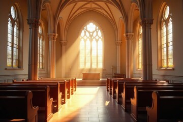 Fototapeta premium A serene church interior bathed in sunlight, focusing on the altar and pews , belief, design, religious service