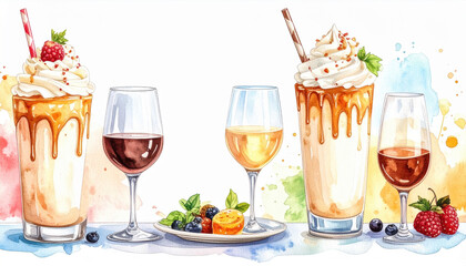 Colorful watercolor illustration of milkshakes and wine glasses with fruit garnishes