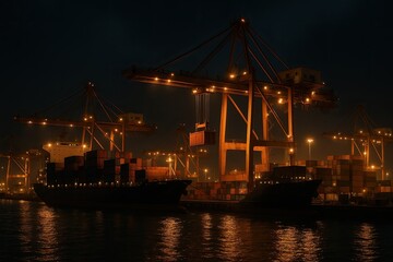 Fototapeta premium Nighttime Dock Operations at a Cargo Port with Illuminated Cranes