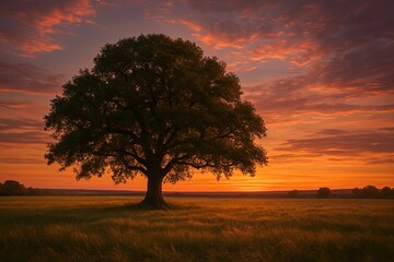 Fototapeta premium Majestic Oak Tree Silhouette Against Vibrant Sunset Sky Background