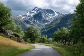 Fototapeta premium Mountain Road Landscape: Serene Nordic Vista