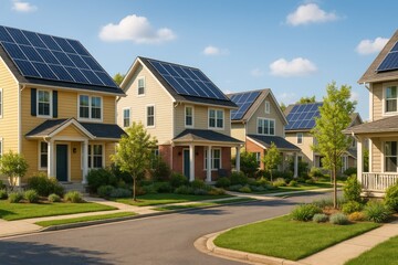 Solar-Powered Homes on a Bright Day in a Residential Neighborhood