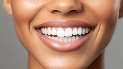 Close up face of young woman with beautiful smile isolated on grey wall with copy space. Successful multiethnic girl. Latin woman looking at camera against gray wall with a big whitening teeth smile.