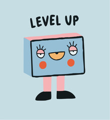 Level Up, robot, Video game graphics, gaming illustrations, 2d vector set, retro tech, blue, pink, black, fun, happy mood, cute for kids, minimalist vintage quirky, you win