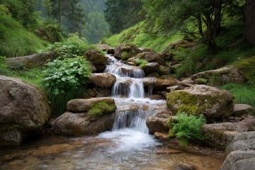 Fototapeta premium Serene Waterfall Cascading Through Lush Green Valley