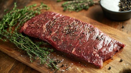 A succulent flank steak resting on a cutting board with fresh thyme, rosemary, and a light dusting of smoked paprika and black pepper.