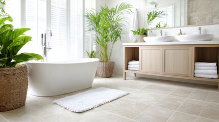 Fototapeta premium Modern bathroom featuring freestanding bathtub, double sinks, and lush green plants, creating serene and inviting atmosphere