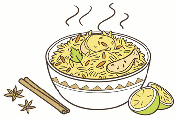 155 biryani indian food, steaming hot rice, spices, chicken, basmati rice, aromatic spices, saffron, cinnamon, cardamom, coriander, cilantro, lime wedge, savory, flavorful, detailed, realistic, 8k, st