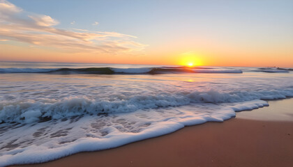 Fototapeta premium Golden Sunrise Illuminating Ocean Waves Crashing on Sandy Beach Shoreline