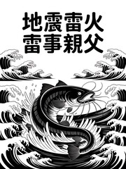 Monochromatic design showcases a catfish emerging from stylized waves beneath Japanese text.