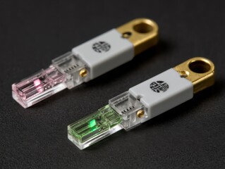 Fiber optic connectors macro shot technology lab high-detail image dark background close-up innovative connectivity