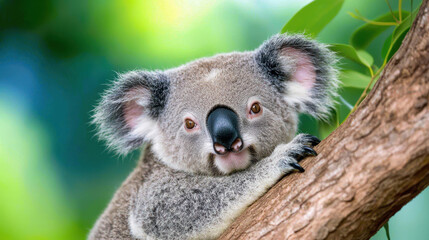 Fototapeta premium Close up wildlife photo of koala resting on tree branch, showcasing its adorable features and soft fur in natural setting