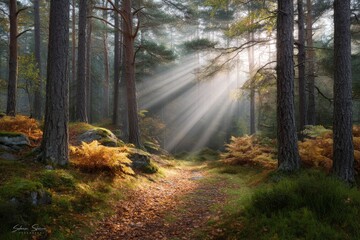 Obraz premium Sunlit Forest Path: Golden Autumn Rays and Mystical Mood