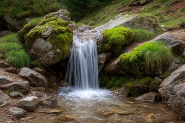 Fototapeta premium Serene Waterfall Cascading Over Mossy Rocks: A Tranquil Nature Scene