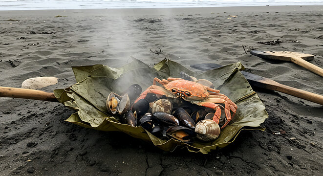 Chilean Curanto en Hoyo pit-cooked seafood - mussels, clams and crab steaming in nalca leaves