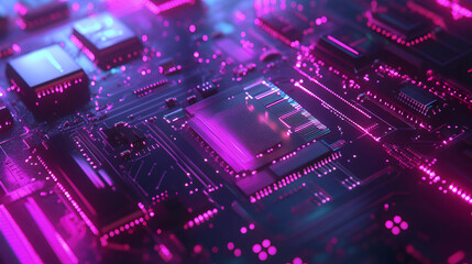 Obraz premium Abstract Circuit Board with Glowing Pink and Purple Neon Lights