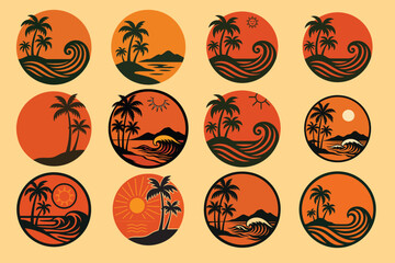 A set of twelve round illustrations depicting idyllic tropical beach scenes. A set of twelve round illustrations depicting idyllic tropical beach scenes.
