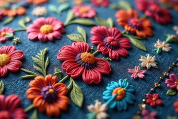 Close-up of colorful cross-stitch fabric tailored to fit a garment, showcasing precise needlework and unique design , threads, handmade gift