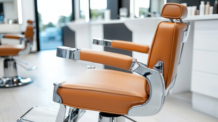 Stylish barber chair with sleek chrome finish and warm orange upholstery, set in modern barbershop interior