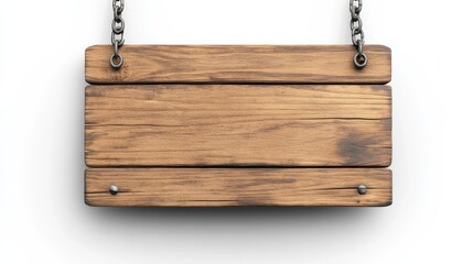 Wooden sign hanging on a chain against white background