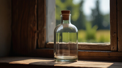 Empty Glass Bottle on Wooden Windowsill