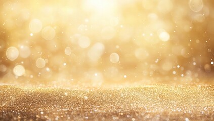 Beautiful, blurred background of an empty beach with golden sand and bokeh in the summer sun.