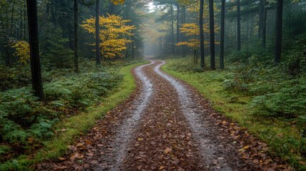 Obraz premium Autumnal Forest Path: A Serene Journey Through Golden Leaves and Misty Woods