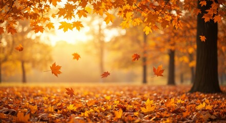 Golden canopy of falling leaves paints a serene autumn scene in a sun-drenched park