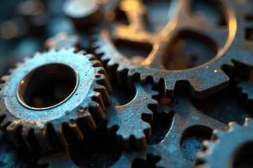 Close-up of intricately shaped metal gears, reflecting light , shadow, durability