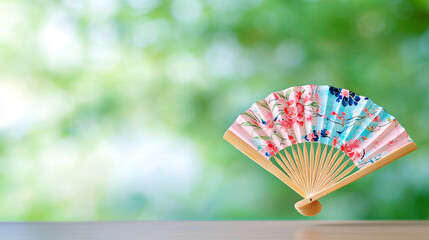 Delicate floral fan with vibrant colors, resting on wooden surface, surrounded by soft green background, evokes sense of tranquility