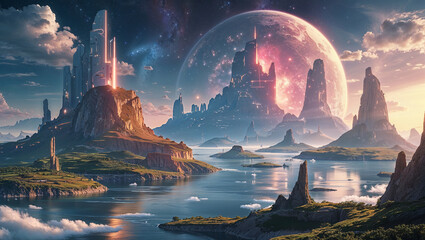Obraz premium Surreal Floating Islands with Futuristic Structures – Fantastic Frontier Sci-Fi Landscape