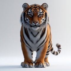 Fototapeta premium Striking tiger standing confidently on a light background showcasing its vibrant fur and powerful stance
