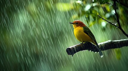 A sunbird perched on a tree branch, the rain falling heavily, causing the bird to hunch slightly under its bright feathers for warmth.