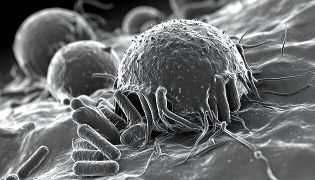 Microscopic view of fusobacterium bacteria interacting with cells, showcasing detailed textures and structures. High magnification reveals complex interactions