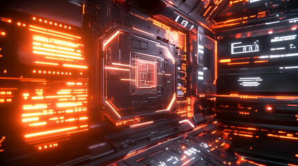 Obraz premium Abstract Futuristic Circuit Board with Glowing Orange and Red Lines