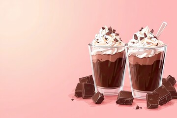Delicious Duo Chocolate Drinks with Whipped Cream with pink background.